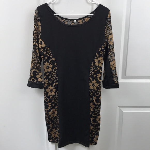 Black and Gold Lace-Paneled Party Dress - Picture 2 of 7